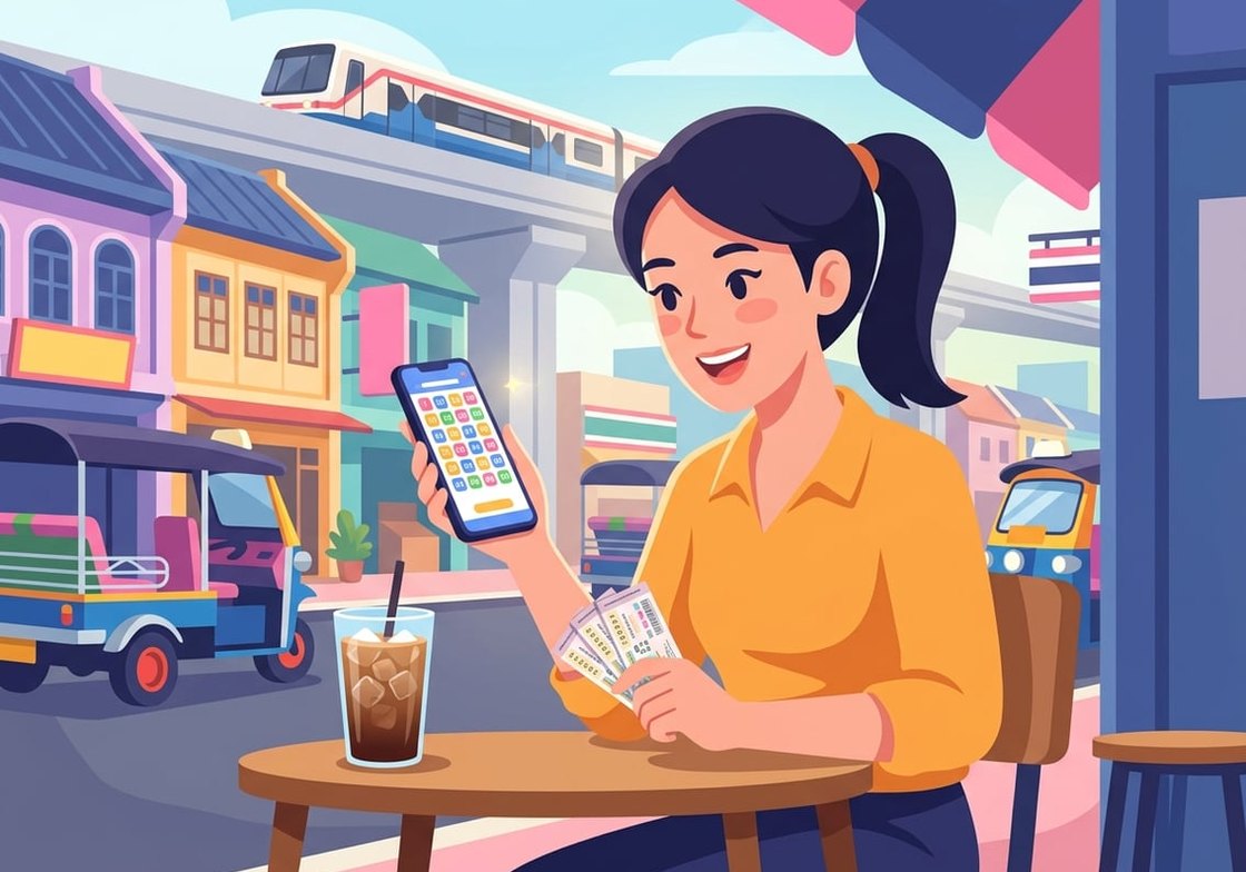 หญิงไทยวัยทำงานนั่งในร้านกาแฟริมถนนกรุงเทพ ดูหน้าเว็บหวยออนไลน์บนมือถือพร้อมสลากในมือ