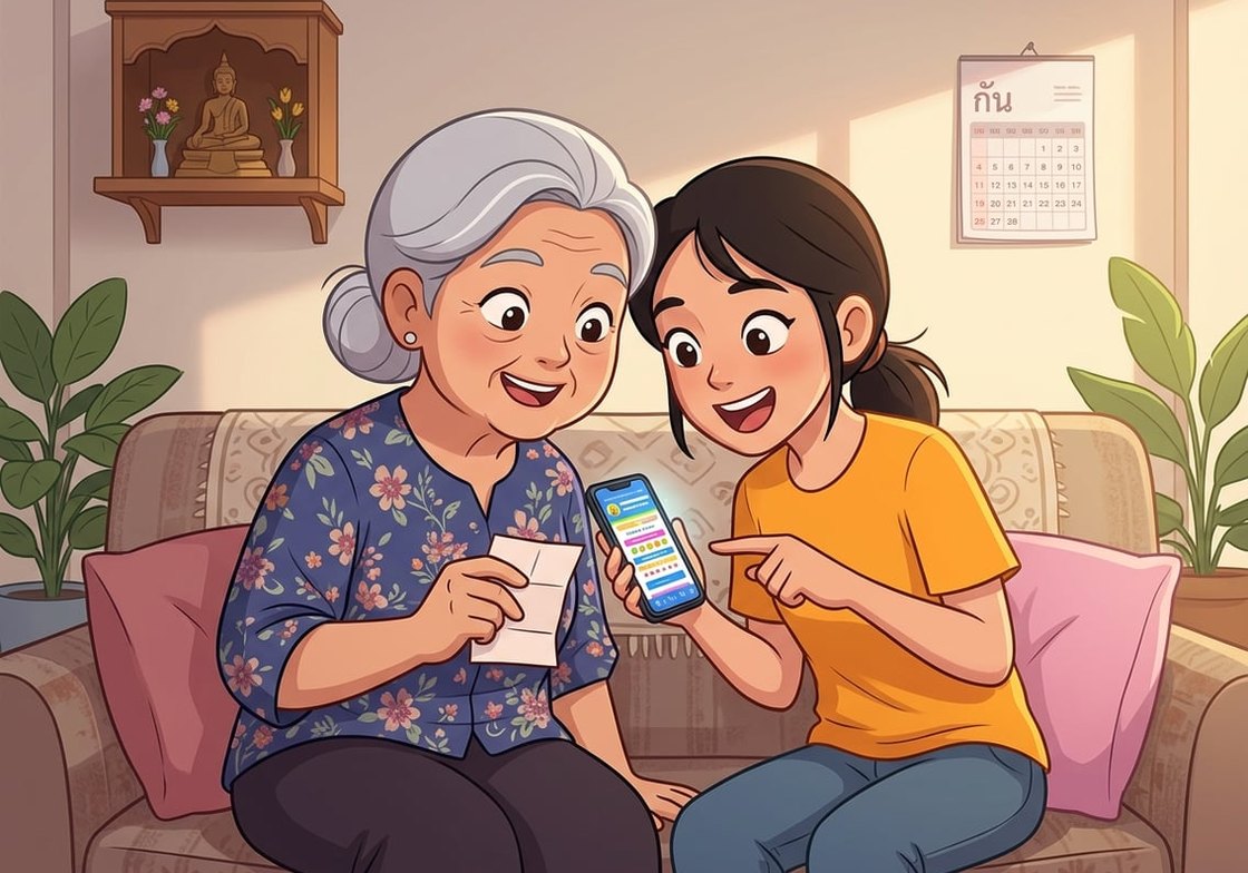 คุณยายและหลานสาวไทยนั่งบนโซฟาที่บ้าน ตรวจผลหวยรัฐบาลจากมือถือเทียบกับโพยในมือด้วยความตื่นเต้น
